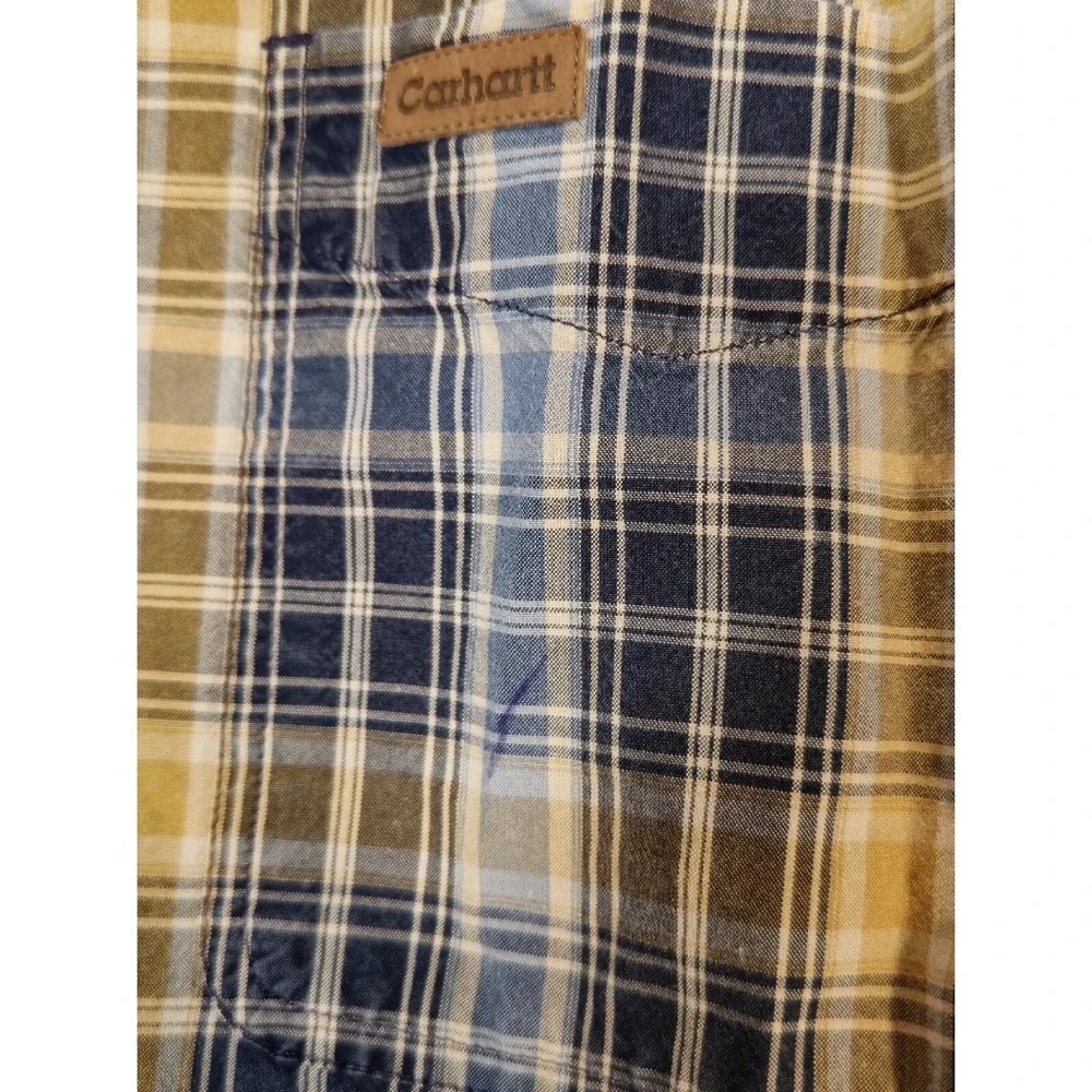 Carhartt Mens Medium Button Down Plaid Long Sleeve Shirt Cotton Leather Logo NEW